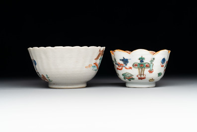 A Chinese famille rose 'tobacco leaf' vase, a pseudo-armorial cup and a famille verte cup, Kangxi/Qianlong