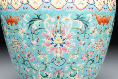 An imperial Chinese famille rose turquoise-ground 'chilong and flower scrolls' vase, Jiaqing mark and of the period