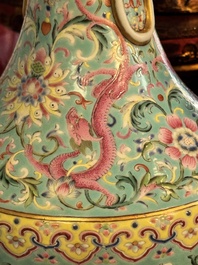 An imperial Chinese famille rose turquoise-ground 'chilong and flower scrolls' vase, Jiaqing mark and of the period