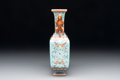 A Chinese famille rose turquoise-ground rectangular vase with floral design, Qianlong mark, Republic