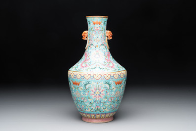 An imperial Chinese famille rose turquoise-ground 'chilong and flower scrolls' vase, Jiaqing mark and of the period