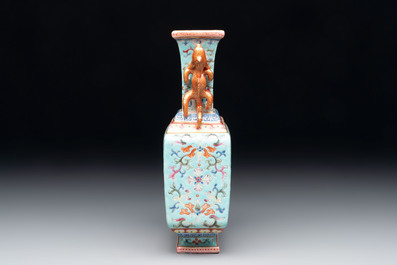 A Chinese famille rose turquoise-ground rectangular vase with floral design, Qianlong mark, Republic