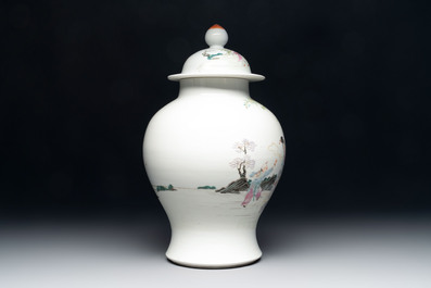 A Chinese famille rose 'lady and boys' vase and cover, Qianlong mark, Republic