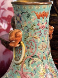 An imperial Chinese famille rose turquoise-ground 'chilong and flower scrolls' vase, Jiaqing mark and of the period