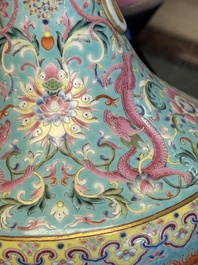 An imperial Chinese famille rose turquoise-ground 'chilong and flower scrolls' vase, Jiaqing mark and of the period