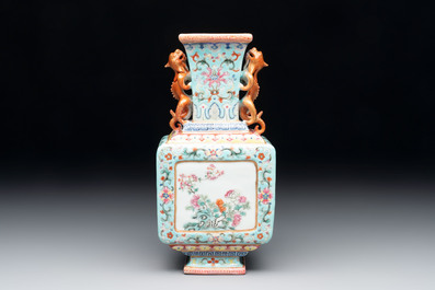 A Chinese famille rose turquoise-ground rectangular vase with floral design, Qianlong mark, Republic