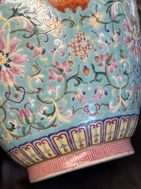 An imperial Chinese famille rose turquoise-ground 'chilong and flower scrolls' vase, Jiaqing mark and of the period