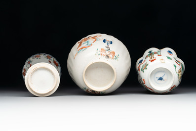 A Chinese famille rose 'tobacco leaf' vase, a pseudo-armorial cup and a famille verte cup, Kangxi/Qianlong