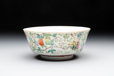 A Chinese famille rose 'butterflies and melons' bowl, Chenghua mark, 19th C.