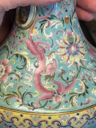 An imperial Chinese famille rose turquoise-ground 'chilong and flower scrolls' vase, Jiaqing mark and of the period