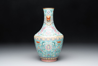 An imperial Chinese famille rose turquoise-ground 'chilong and flower scrolls' vase, Jiaqing mark and of the period