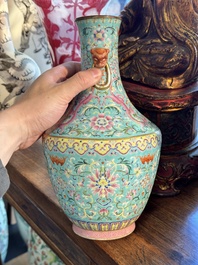 An imperial Chinese famille rose turquoise-ground 'chilong and flower scrolls' vase, Jiaqing mark and of the period