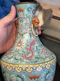 An imperial Chinese famille rose turquoise-ground 'chilong and flower scrolls' vase, Jiaqing mark and of the period