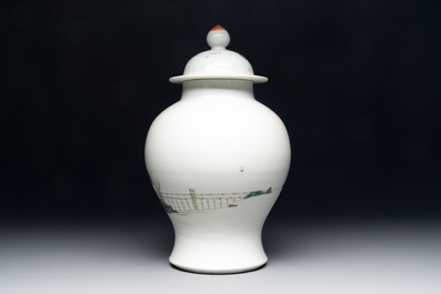 A Chinese famille rose 'lady and boys' vase and cover, Qianlong mark, Republic