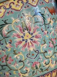 An imperial Chinese famille rose turquoise-ground 'chilong and flower scrolls' vase, Jiaqing mark and of the period