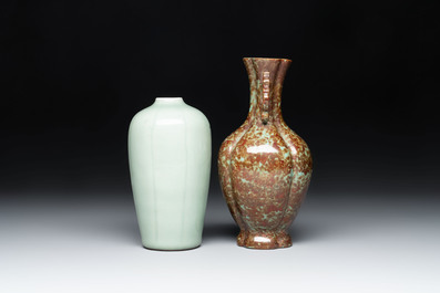 A Chinese celadon-glazed vase and a faux bronze-glazed vase, Qianlong mark, 18/19th C.