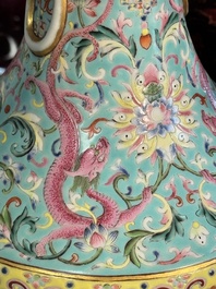An imperial Chinese famille rose turquoise-ground 'chilong and flower scrolls' vase, Jiaqing mark and of the period