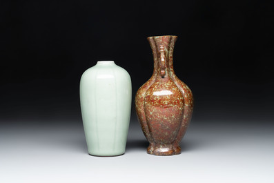 A Chinese celadon-glazed vase and a faux bronze-glazed vase, Qianlong mark, 18/19th C.