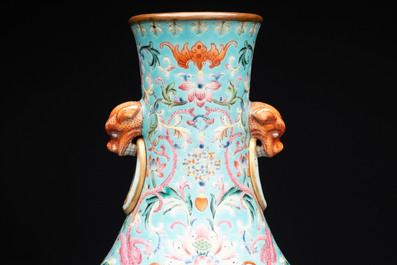 An imperial Chinese famille rose turquoise-ground 'chilong and flower scrolls' vase, Jiaqing mark and of the period