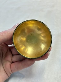 A pair of Chinese precious stone-inset and enamelled gilt-silver filigree bell-form covered boxes, silver mark, 19/20th C.