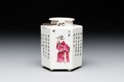A Chinese famille rose 'Wu Shuang Pu' covered teapot and a qianjiang cai covered tea caddy, signed Lei Guangheng 雷光亨, 19th C.