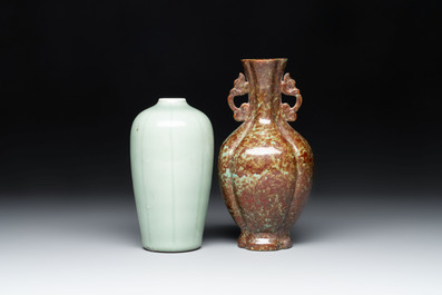 A Chinese celadon-glazed vase and a faux bronze-glazed vase, Qianlong mark, 18/19th C.