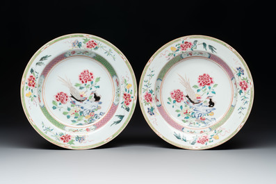 A set of six Chinese famille rose 'pheasants' plates, Yongzheng