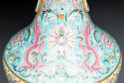 An imperial Chinese famille rose turquoise-ground 'chilong and flower scrolls' vase, Jiaqing mark and of the period