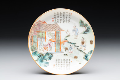Three Chinese famille rose plates with narrative design, Tongzhi mark and of the period