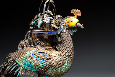 A large Chinese precious stone-inset and enamelled gilt-silver filigree peacock and flower basket on a wooden stand, Republic