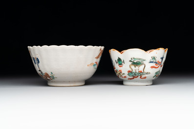 A Chinese famille rose 'tobacco leaf' vase, a pseudo-armorial cup and a famille verte cup, Kangxi/Qianlong