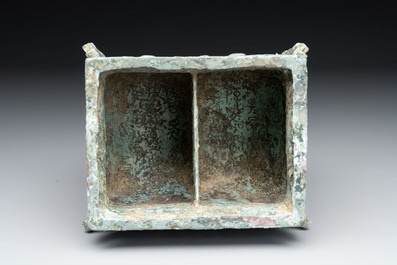 A Chinese archaic bronze inscribed wine vessel with buffalo design, 'fangyi 方彝', Western Zhou