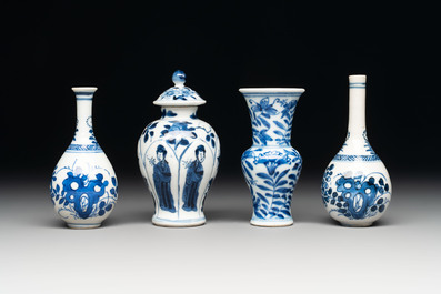 Four Chinese blue and white miniature vases, one with cover, Kangxi