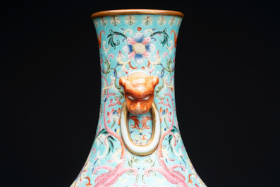 An imperial Chinese famille rose turquoise-ground 'chilong and flower scrolls' vase, Jiaqing mark and of the period