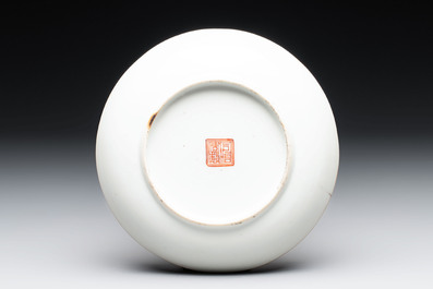 Three Chinese famille rose plates with narrative design, Tongzhi mark and of the period