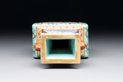 A Chinese famille rose turquoise-ground rectangular vase with floral design, Qianlong mark, Republic