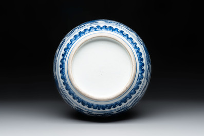 A Chinese blue and white copper-mounted 'cranes among clouds' vase, 18th C.
