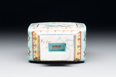 A Chinese famille rose turquoise-ground rectangular vase with floral design, Qianlong mark, Republic