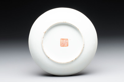 Three Chinese famille rose plates with narrative design, Tongzhi mark and of the period