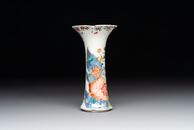 A Chinese famille rose 'tobacco leaf' vase, a pseudo-armorial cup and a famille verte cup, Kangxi/Qianlong