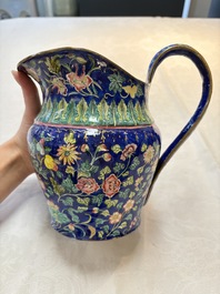 A Chinese Canton enamel blue-ground jug and a rare pink-ground ewer, Qianlong/Jiaqing