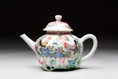 A Chinese famille rose 'roosters' covered teapot and two cups and saucers, Yongzheng