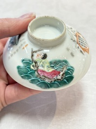 A fine Chinese famille rose 'Wu Shuang Pu' bowl and cover on saucer, 19th C.