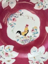 A Chinese famille rose ruby-ground 'rooster' dish, Yongzheng