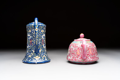 Five Chinese famille rose and qianjiang cai teapots and one wall vase, Qianlong and Guangxu marks, 19/20th C.
