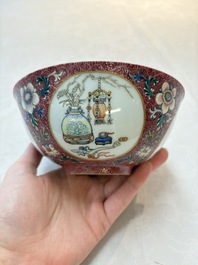 A pair of Chinese famille rose ruby-sgraffito-ground 'antiquities' bowls, Daoguang mark, 19/20th C.