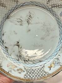 Three Chinese famille rose plates with birds among flowers and a grisaille plate, Yongzheng/Qianlong