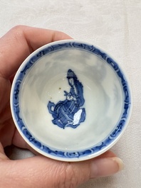A set of four Chinese blue and white 'Sense of Smell' cups and saucers, artemisia leaf mark, Kangxi