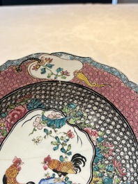 A Chinese famille rose 'roosters' eggshell plate, Yongzheng
