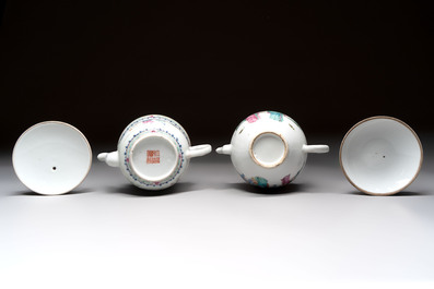 Five Chinese famille rose and qianjiang cai teapots and one wall vase, Qianlong and Guangxu marks, 19/20th C.
